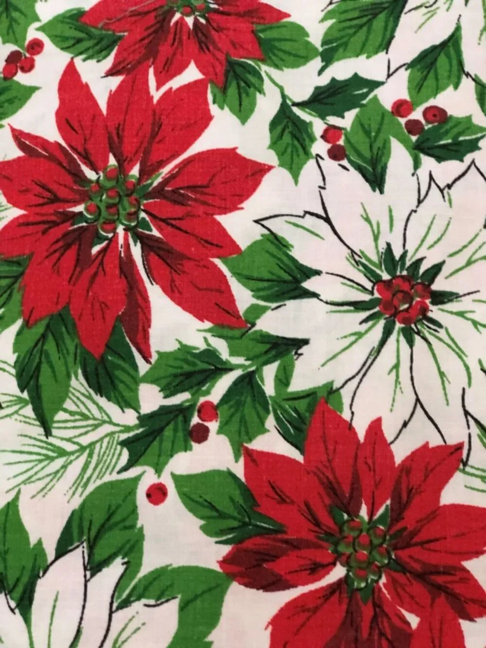 Vintage Christmas Poinsettia Large Tablecloth or Fabric  59x82